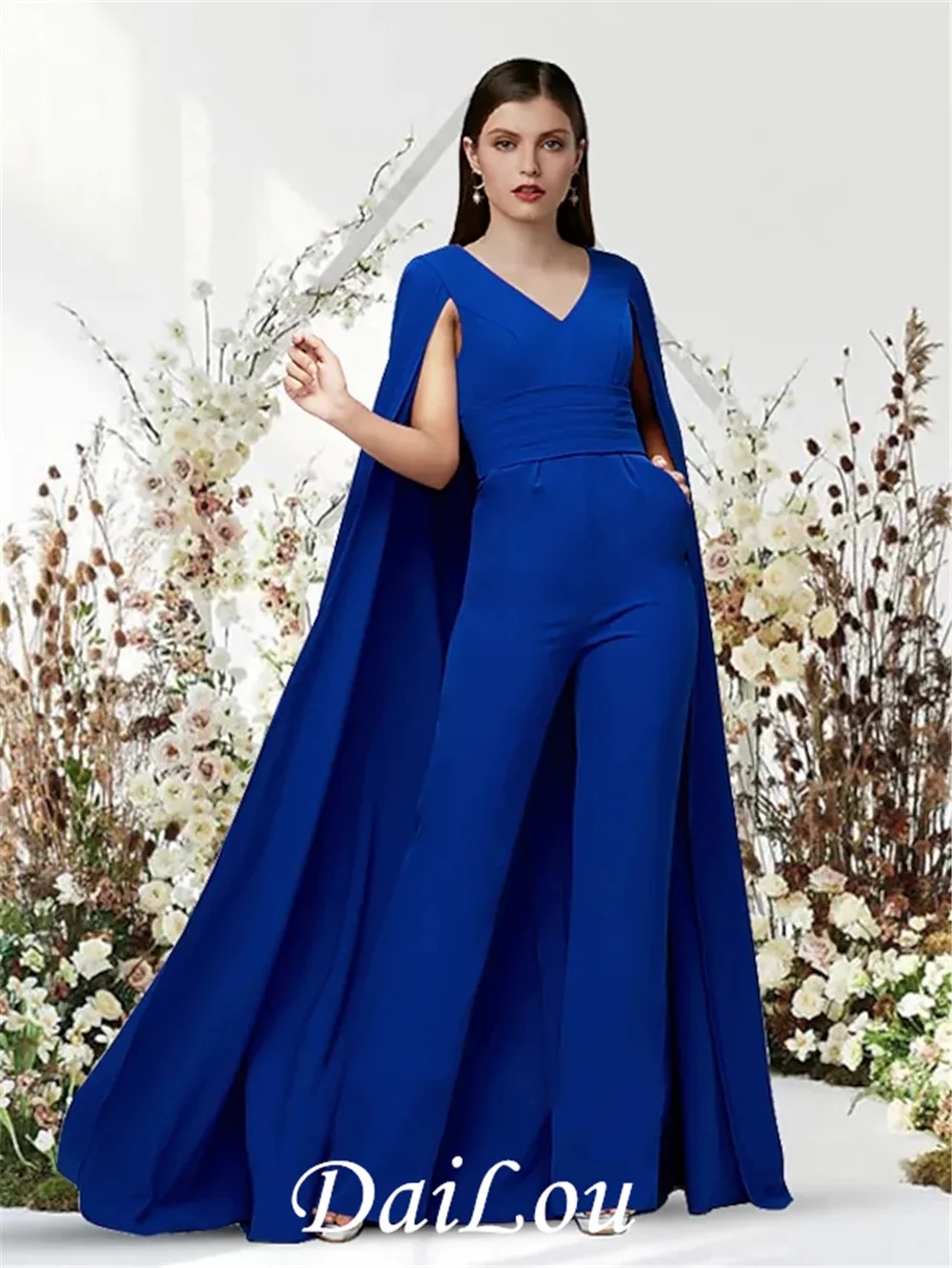 

Jumpsuits Minimalist Elegant Wedding Guest Prom Dress V Neck Sleeveless Floor Length Stretch Fabric with Sleek Pure Color