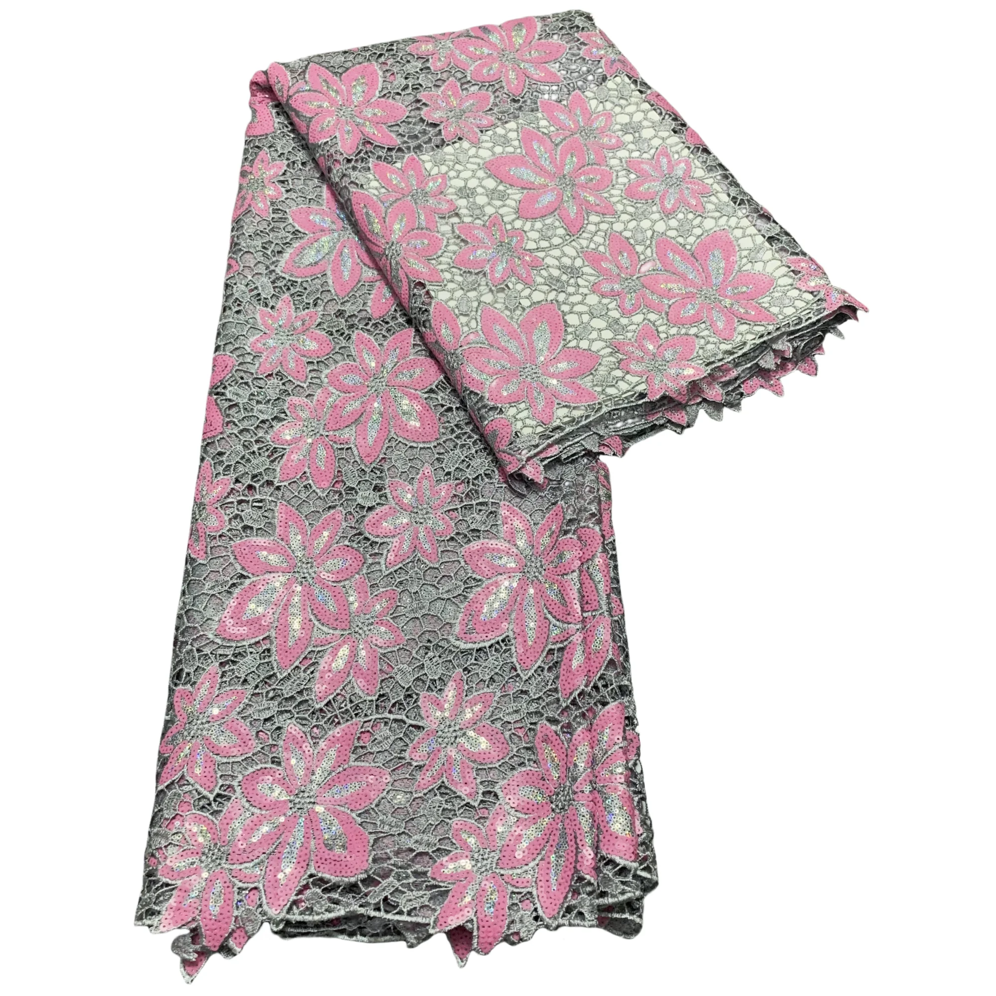 

Nigerian Sequins Lace 2025 High Quality African Lace Fabric Guipure Cord Lace Fabric For Party Sewing