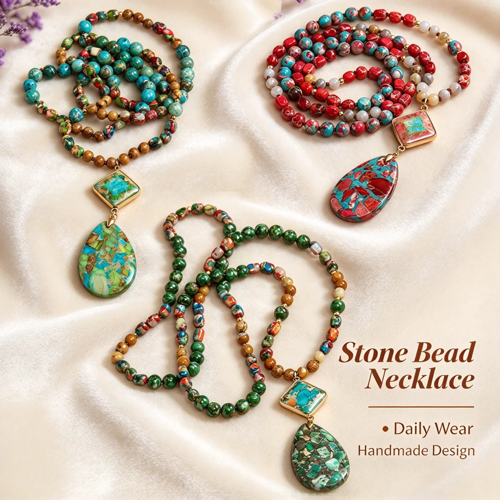 Handmade Mixed Composite Stone Beaded Long Necklace Square Teardrop Pendant Bohemian Women Daily Wear Statement Neck Jewelry