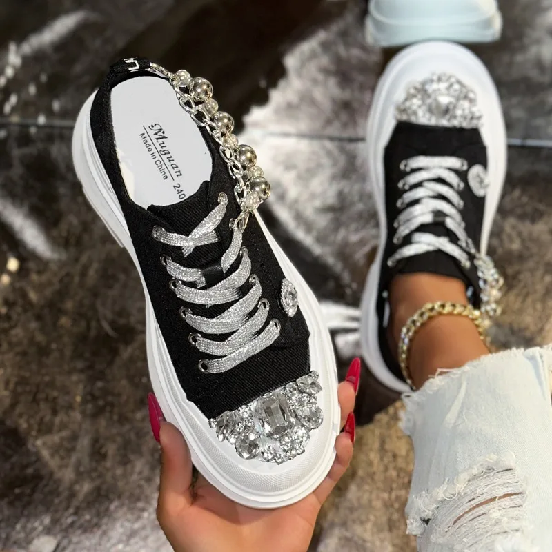 

2025 New Platform Sneakers for Women Chunky Sole Lace-Up Trainers with Rhinestone Embellishments Sneakers with Padded Insole