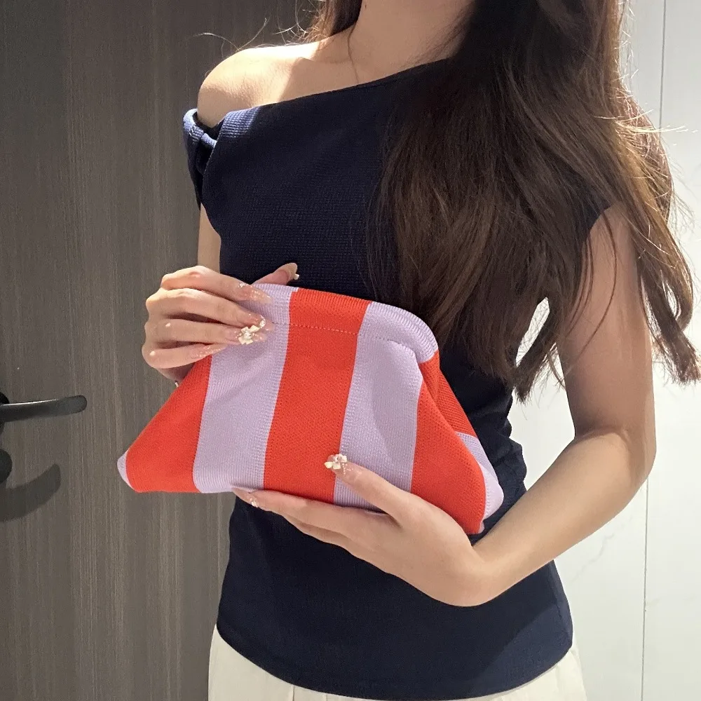 Portable Knitting Beach Clutch Bag Large Capacity Woven Crochet Colorblock Bag Stripe Dumpling Clutch Summer