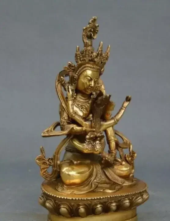 Old Tibetan Buddhism Brass Vajra Mandkesvara Yab-Yum Buddhas Happy Buddha Statue