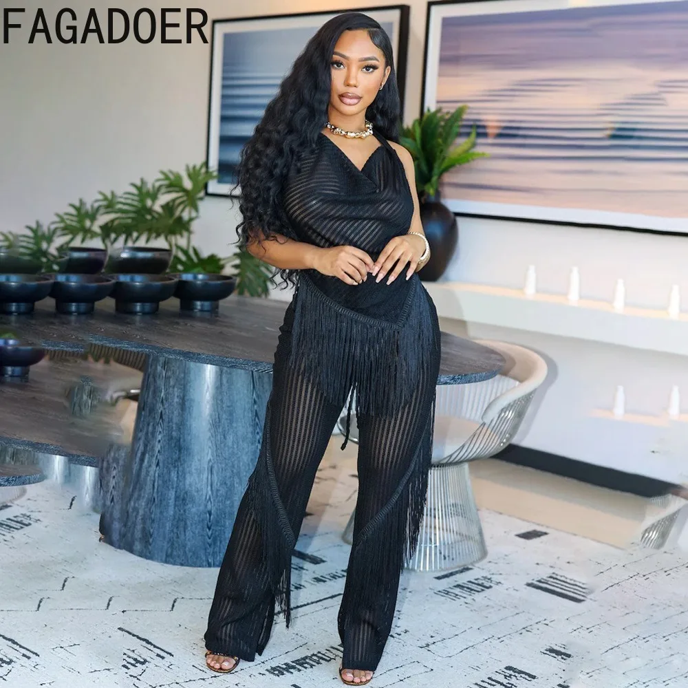 FAGADOER Elegant Tassels Two Piece Sets Halter See Through Sexy Outfits Back Lace-up Irregular Top and Sheer Straight Pants Suit