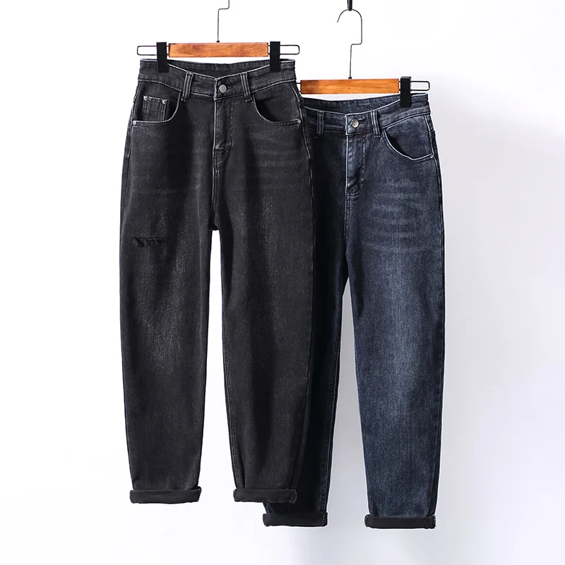 

new 2023 winter Autumn and products thin velvet thickened women's jeans fake holes are thinner Harlan daddy pants