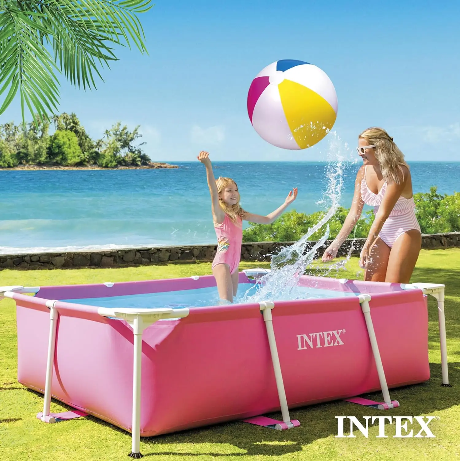 INTEX 7 'x 4' x 24 "กรอบโลหะสี่เหลี่ยมเหนือพื้นดินสระว่ายน้ำกลางแจ้งสีชมพู