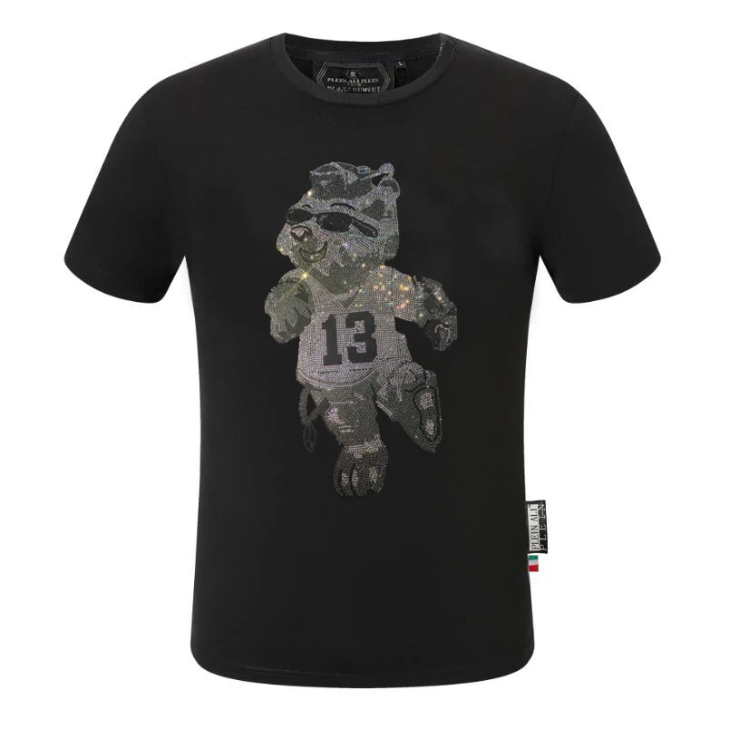 Plein ali brand Top Rhinestones Fashion Round Neck Top Male Top Tee Personality