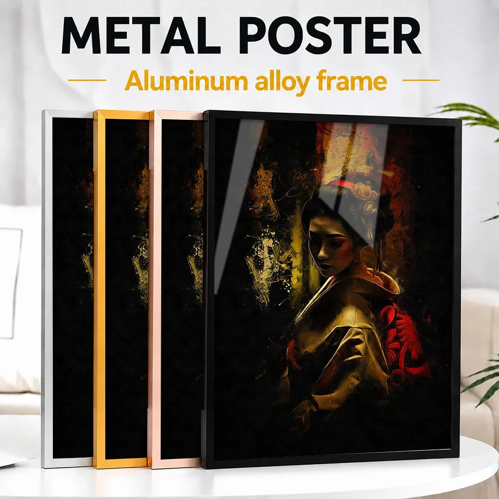 Geisha In Traditional Kimono Metal Poster With Aluminum Alloy Frame Personalized Painting Style Wall Art For Creative Studio