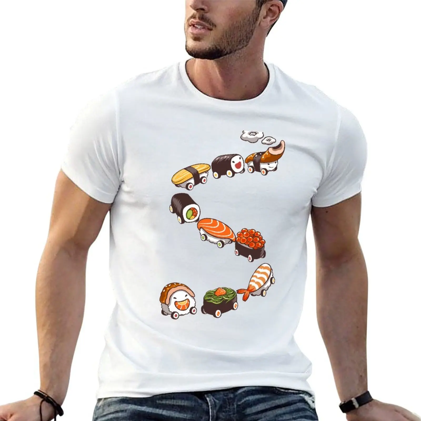 Lachs, Ikura, Ebi, Tamago Nigiri Sushi Train T-Shirt Baumwoll-T-Shirt 100% T-Shirt für Herren Herren-T-Shirt aus schwerer Baumwolle