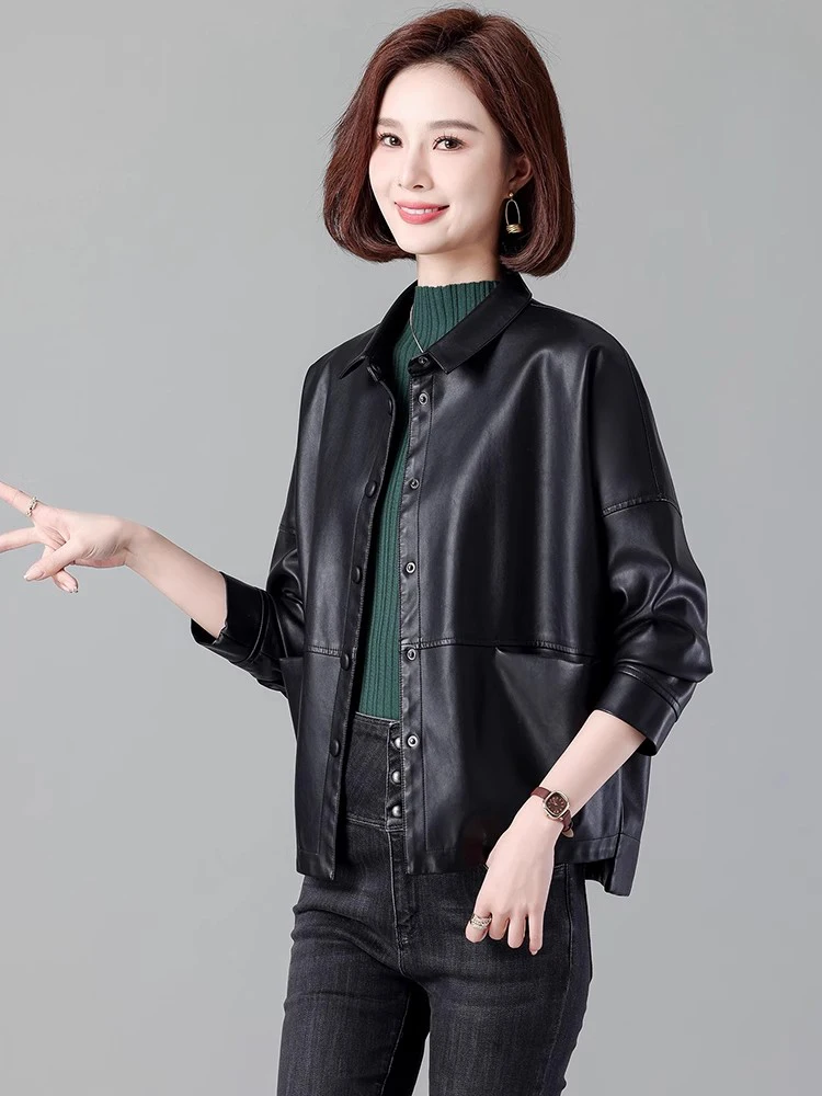 New Women Casual Loose Leather Jacket Spring Autumn Fashion Small Turn-down Collar Single Breasted Short Split Leather Coat