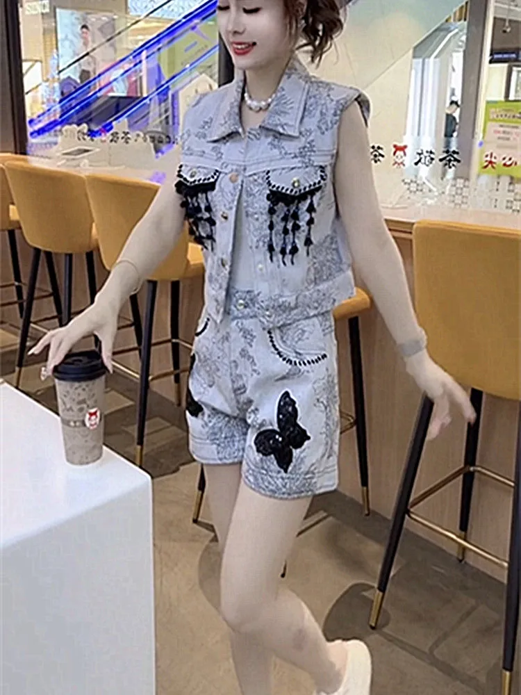 

2025 Summer New Heavy Industry Butterfly Denim Vest Shorts Set for Women Fashionable Niche Unique Design Street Set