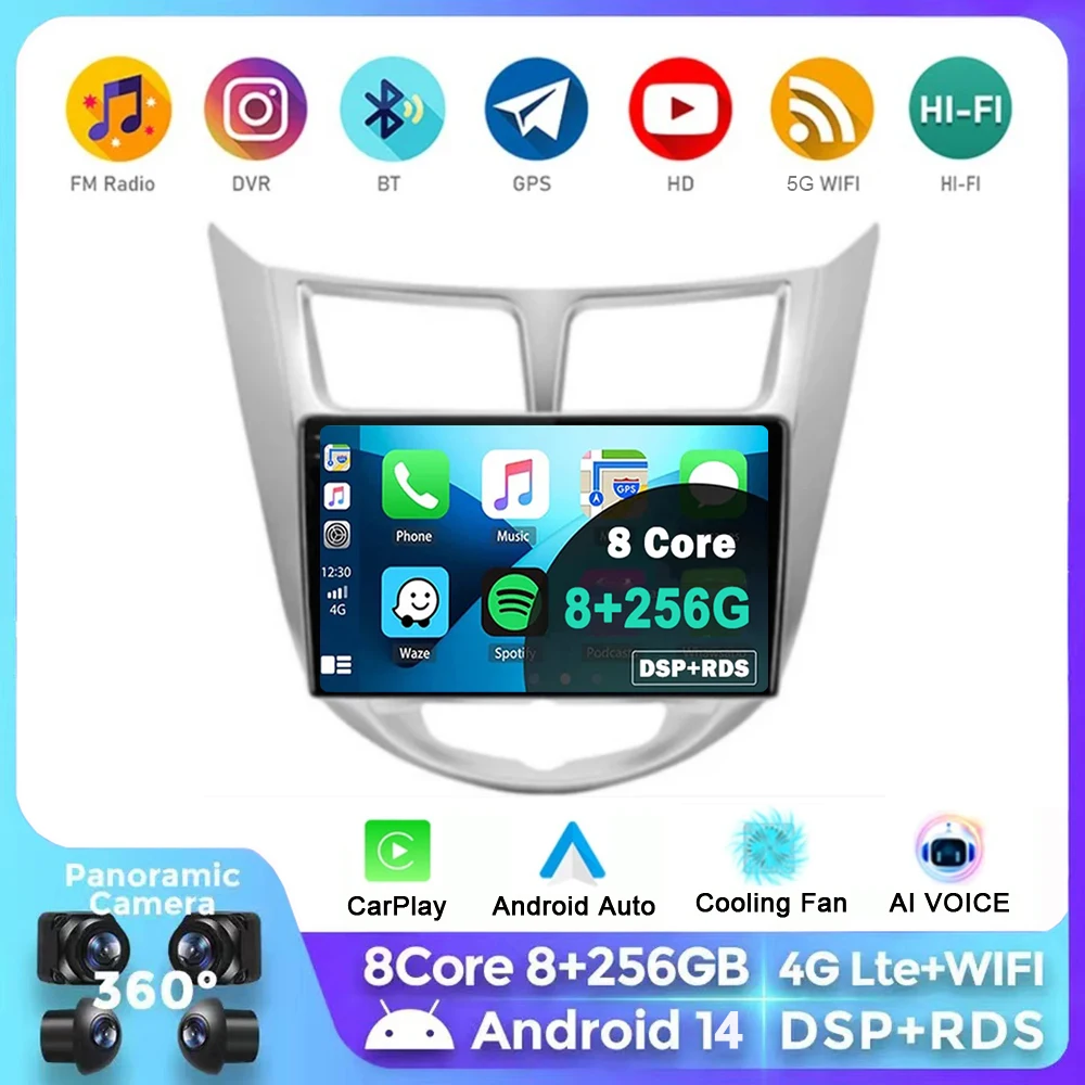 

For Hyundai Solaris 1 2010-2016 9" Android 14 2K QLED Stereo Car Radio Multimedia Video Player GPS WIFI 4G CarPlay Head Unit BT