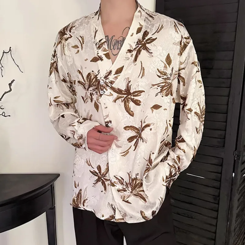 

2024 Autumn Textured Jacquard Casual Men's Shirt Long Sleeve Slanted Collar Temperament Male Top Contrast Color New Chic