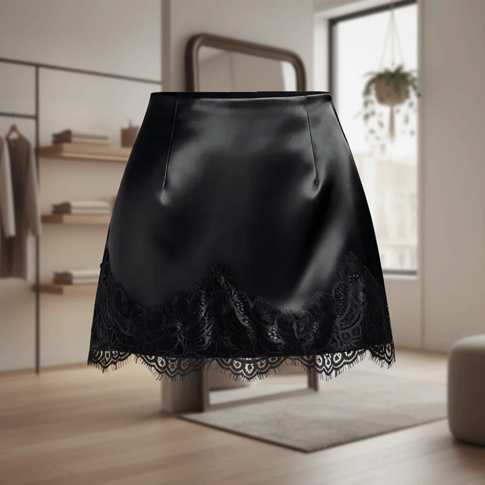 Trendy Solid Color Lace Trimmed Skirt Straight A-line Slim Short Skirt Irregular Satin Silk Skirt Daily Wear