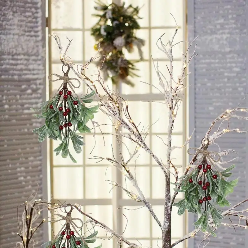 24cm Christmas Mistletoe Decoration With White Berries Artificial Mistletoe Floral Stems Mistletoe Hanging Ornament For Home