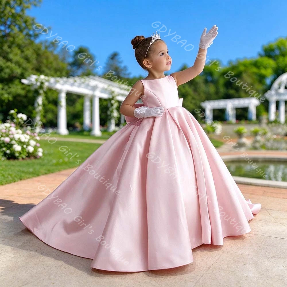 Pink Satin Flower Girl Dresses for Wedding Kids Spaghetti Strap Backless Princess Pageant Dress with Bow Custom Party Ball Gown