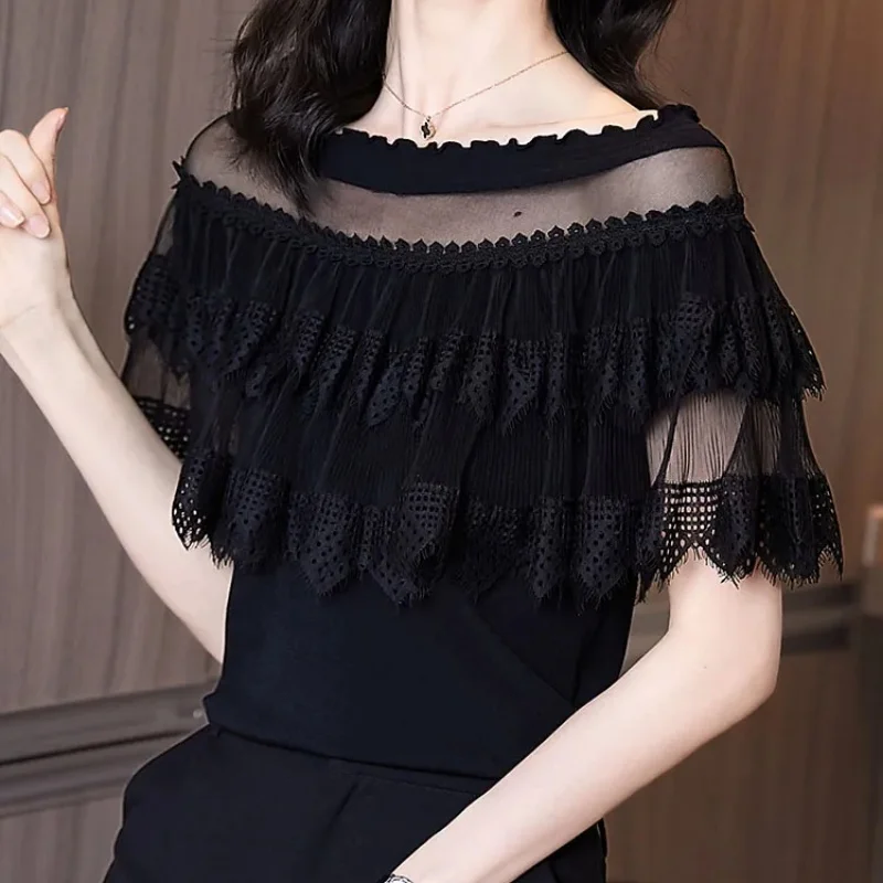 Black Sheer Lace Trim Blouse Women Off Shoulder Ruffled Overlay Top Elegant Loose Fit Summer Sleeveless Blouse