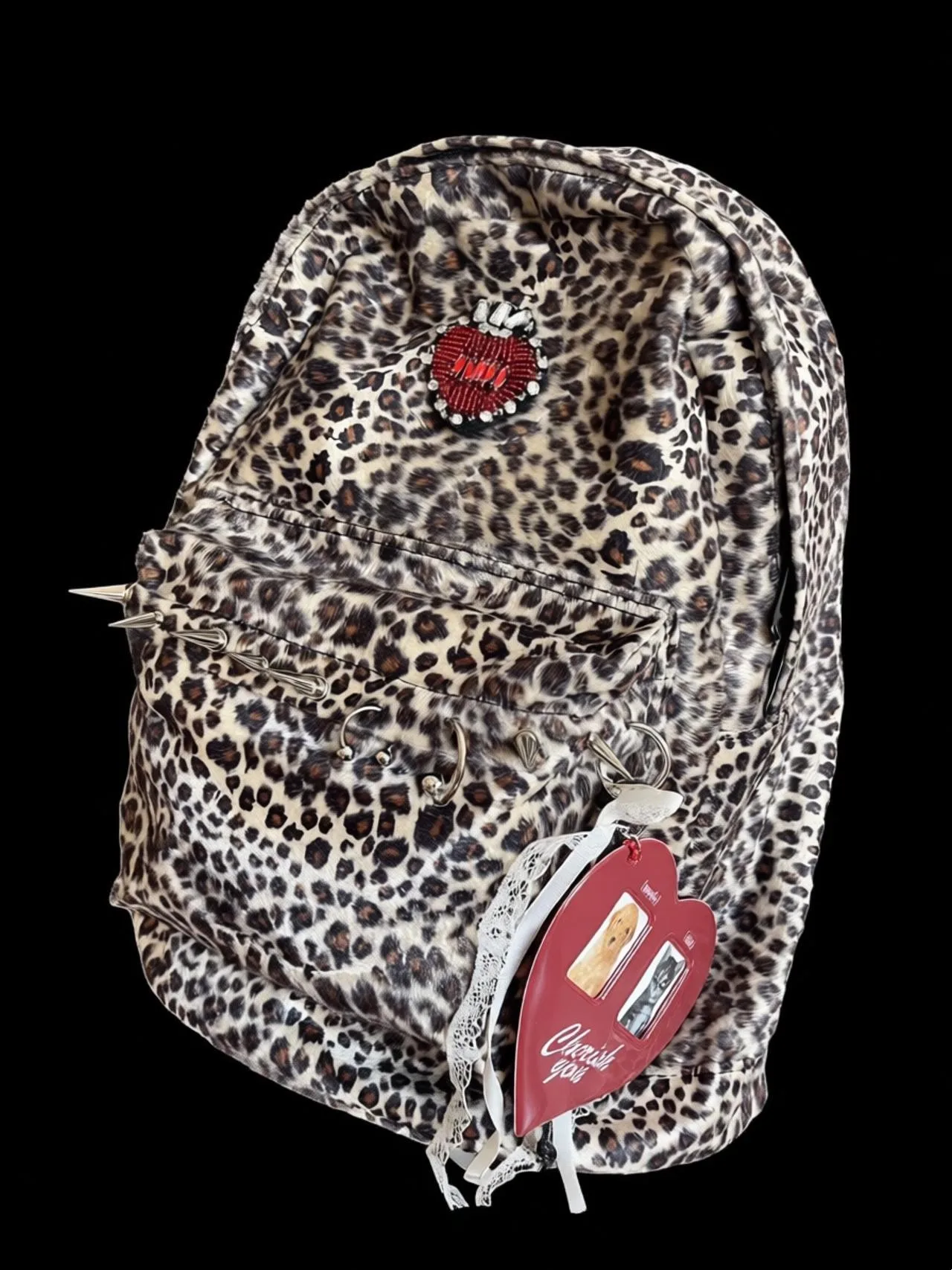 

Rivet Punk Backpack Stylish Heart Leopard Autumn Winter Shoulder Bag Cute and Fashion Handmade Backpack Designer Backpacks