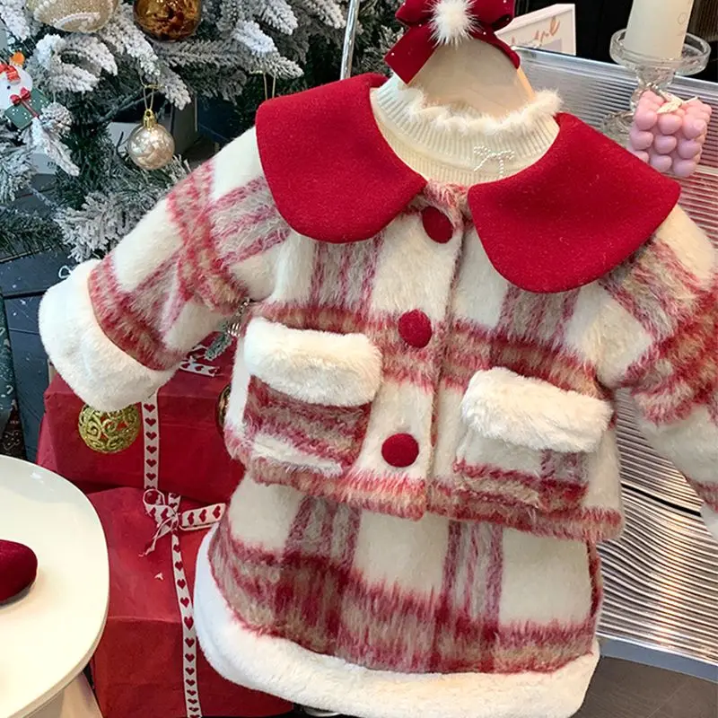 

Baby Girl Princess Plaid Clothes Set Jacket+Skirt 2PCS Infant Toddler Child Warm Suit Red Winter Xmas New Year Baby Clothes 1-7Y