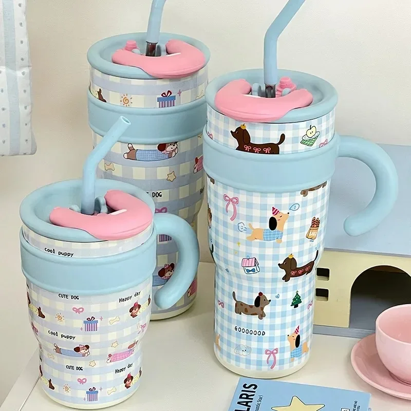 1200ml Cute Water Bottles 316 Large Capacity Thermos Bottle With Straw 700ml Coffee Cup Birthday Gift Travel Mugs With Handle