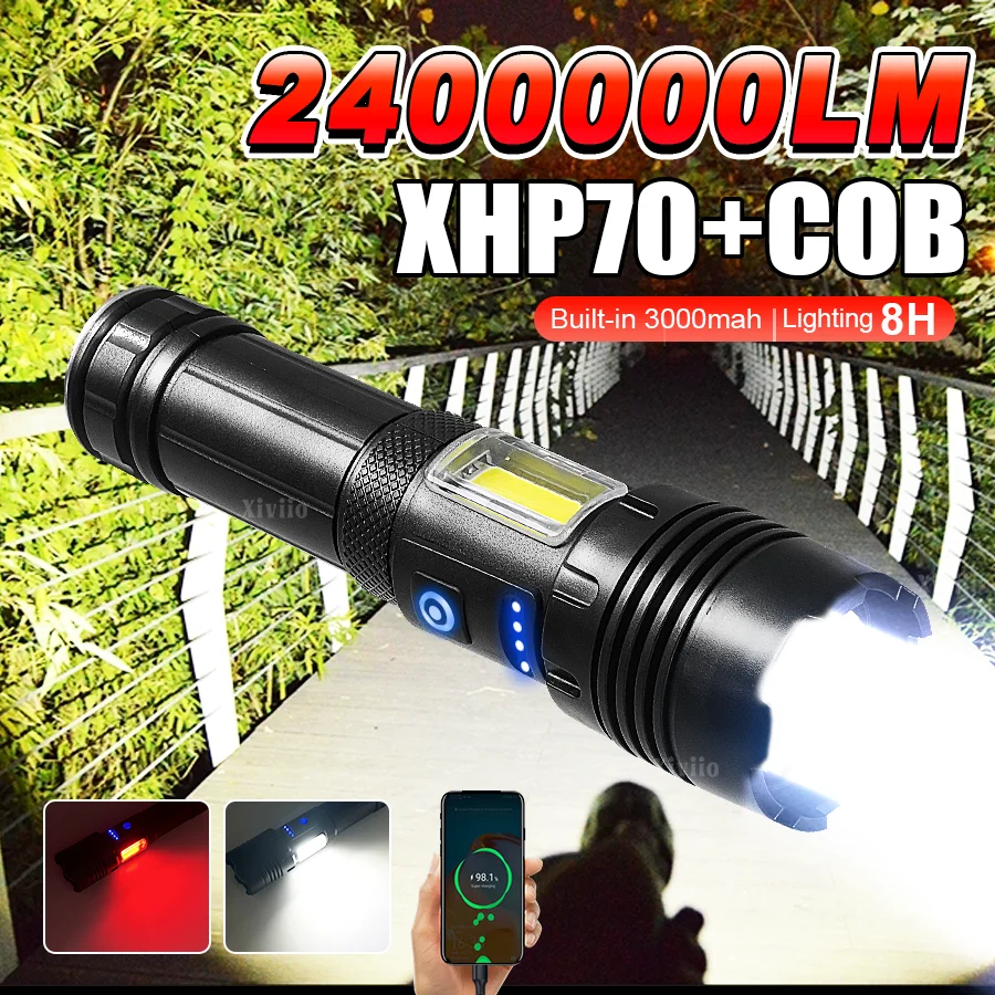 

Супер яркий светодиодный фонарик XHP70 со встроенным перезаряжаемым аккумулятором 18650, мощный многофункциональный фонарь с COB-лампой для кемпинга, охоты и активного отдыха