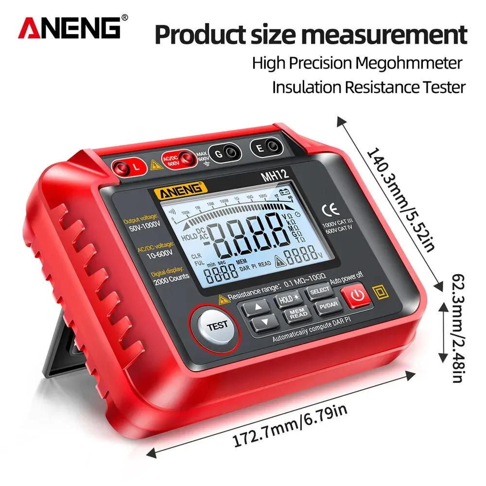 ANENG MH12 Megohmmetro digitale Metri Isolamento Misuratore di resistenza di terra Tester Cavo Voltmetro ad alta tensione Strumento misuratore di resistenza