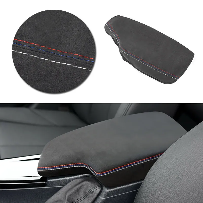 

Замшевая кожаная отделка для BMW 3 серии F30 2013 2014 2015 2016 2017 2018, крышка подлокотника центральной консоли автомобиля, красно-сине-белая линия