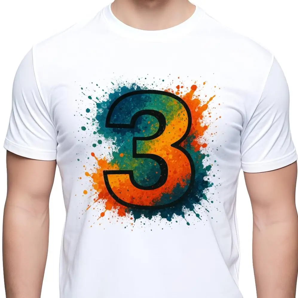 

3 Number Graphic T-shirt Men | Splash Ink Art Print Tee, Creative Digit Casual Top, Cool Streetwear Short Sleeve Shirt for Youth