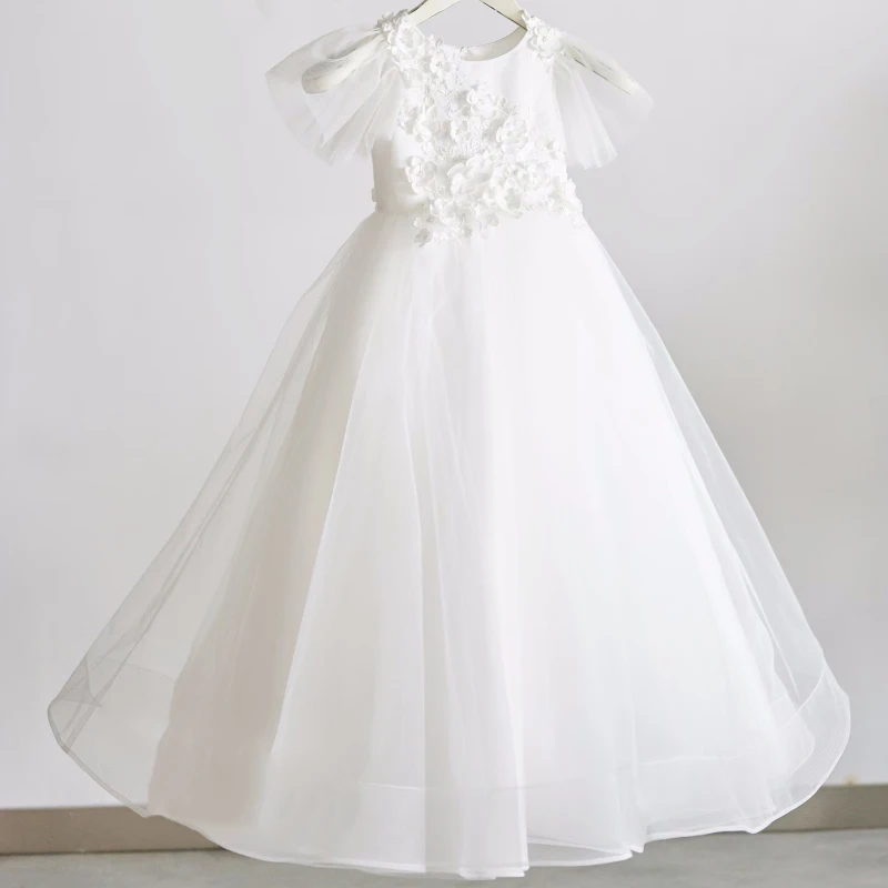 

White Flower Girl Dresses Tulle Flory Appliques Short Sleeve For Wedding Birthday Party First Communion Gowns