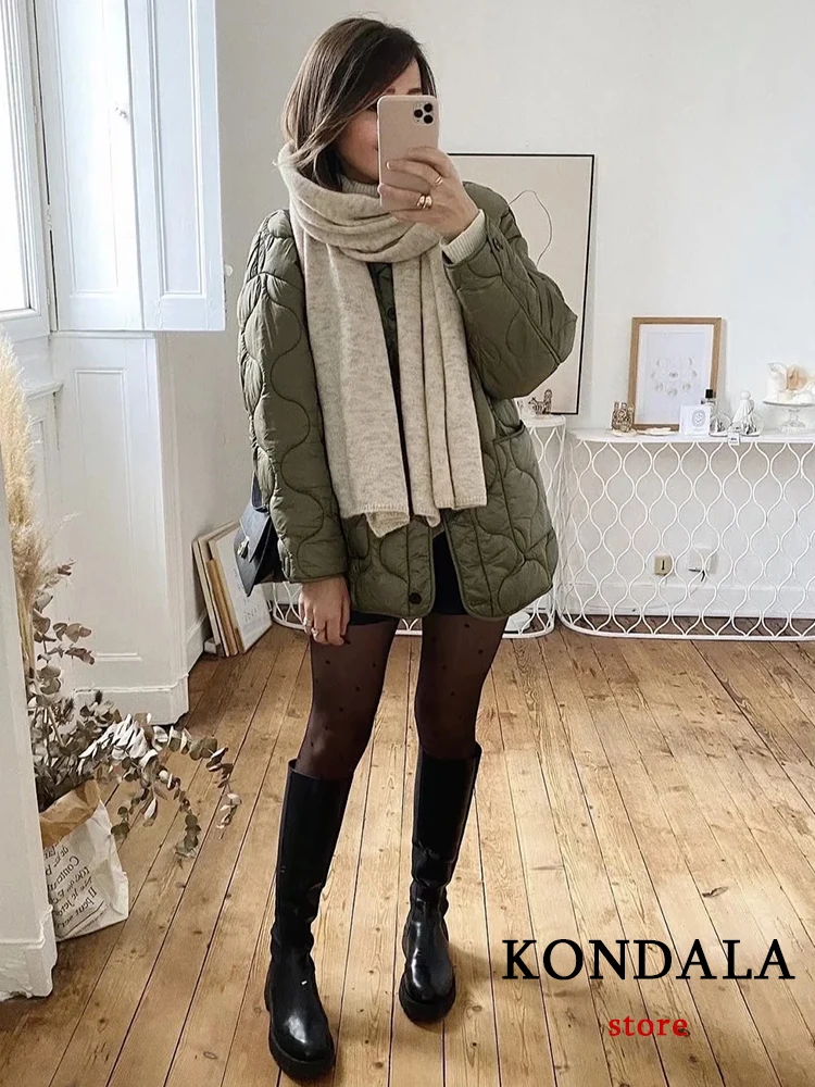 KONDALA 2022 Streetwear Green Oversized Long Jackets Women O Neck Pockets Autumn Wintet Thicken Jackets Female Casual Outwear