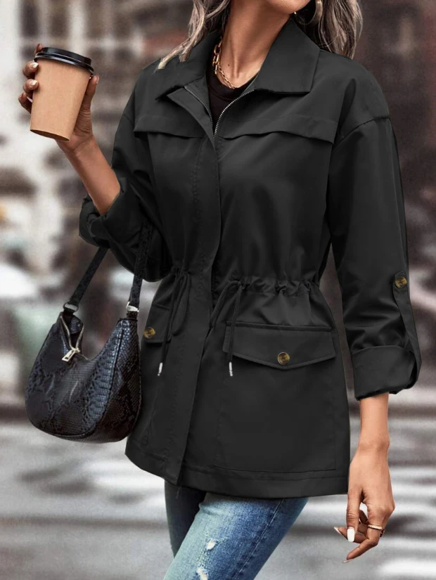 Women's Plus Size Spring and Autumn Casual Jacket with Drawstring Waist and Pockets