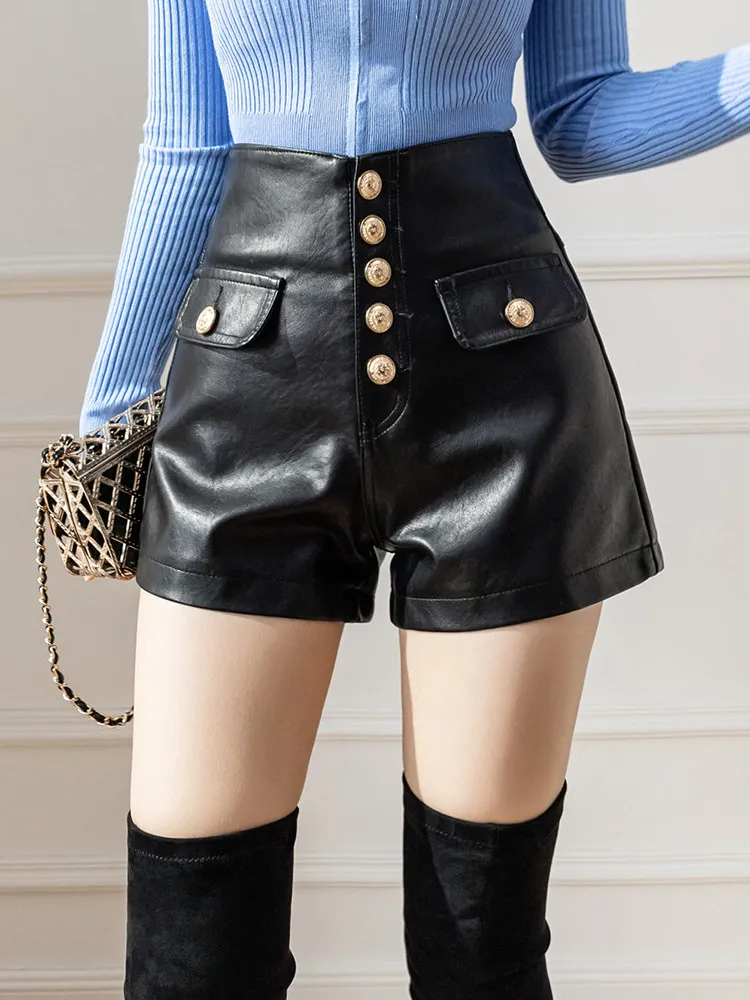 High Waist PU Leather Wide Leg Short Pants Women's Fashion Autumn Winter New Style A-Line Boot Pants Slimming Effect Casual T...