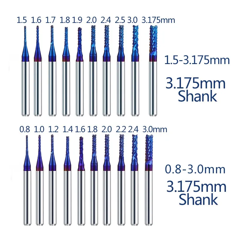 CNC Corn Router Bits 3.175mm Shank Milling Cutter Nano Blue Coated Carbide Engraving Cutter CNC Milling Tools 10/40/80pcs 