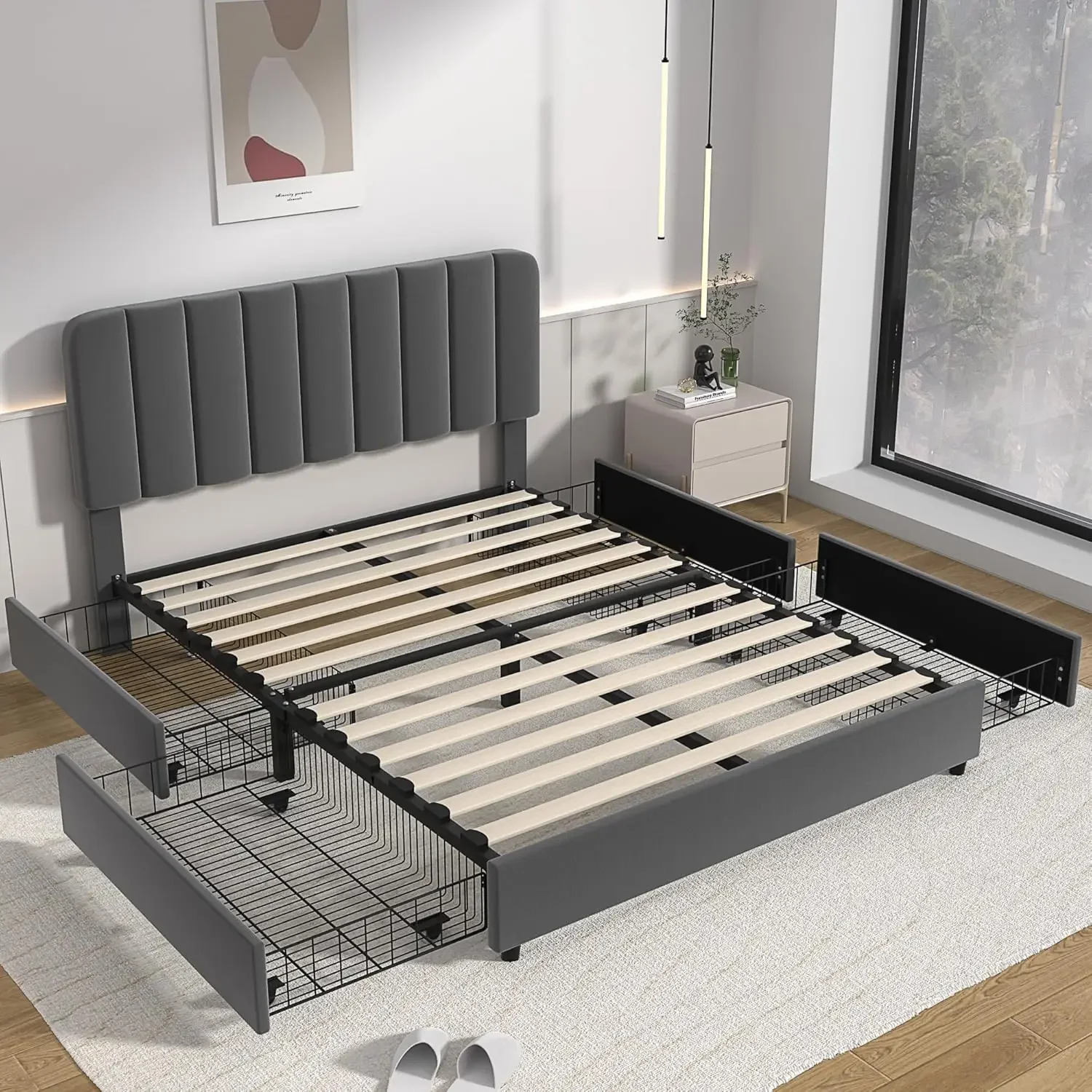 Queen Size Upholstered Bed Frame with 4 Drawers and Adjustable Headboard, Velvet Platform Storage Bedframe Mattress Foundation,