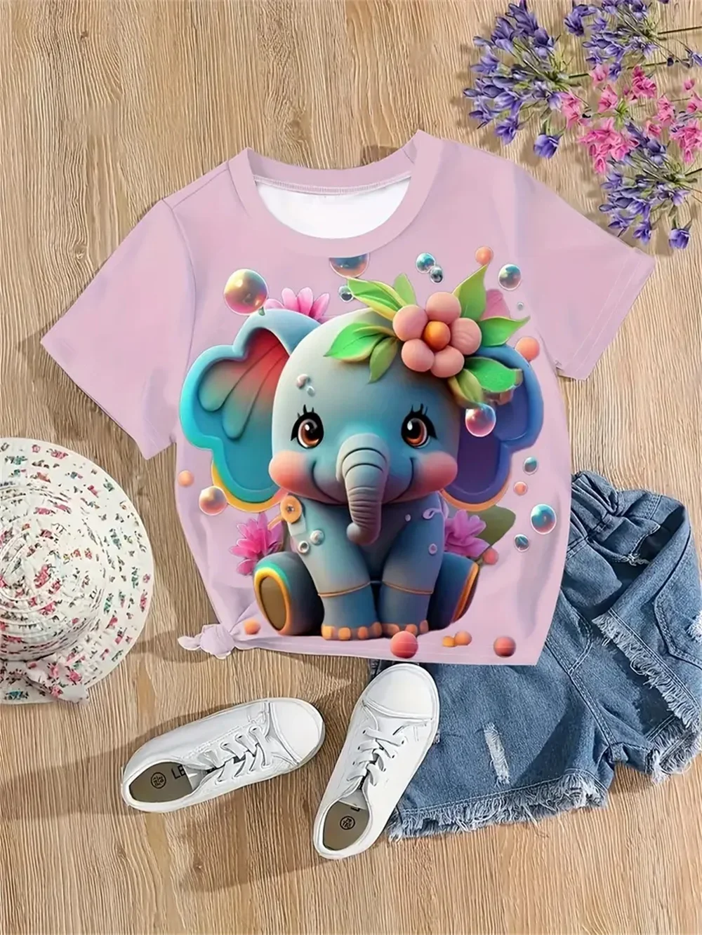 2025 Girls' Clothing Cute Animal Elephant 3d Print Fashion Casual T-Shirts Funny Girls' T-Shirts Summer Short Sleeved Tops Tee