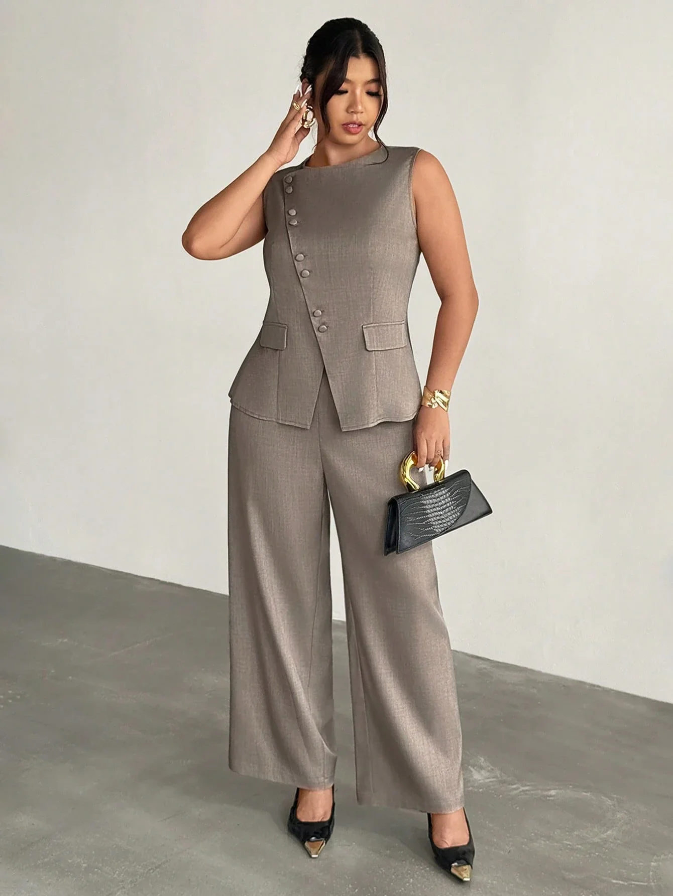 

Women's Asymmetric Lapel Sleeveless Blazer Vest And High Waist Wide Leg Pants Suit Set