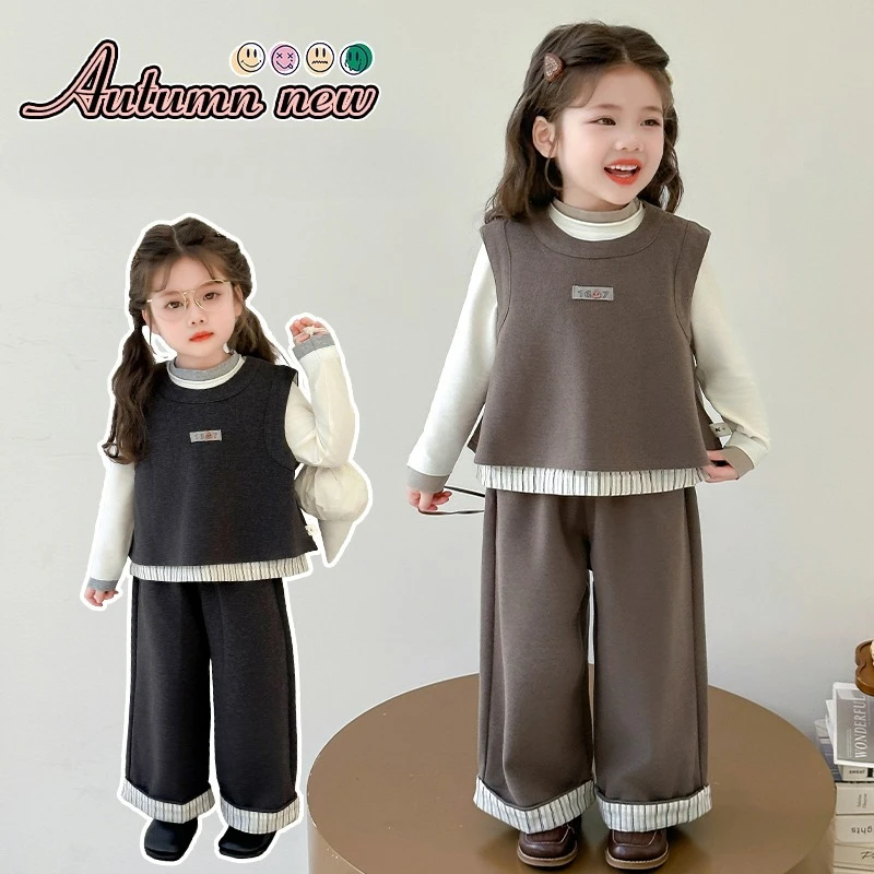 

Girls' Clothing Sets 2025 Spring and Autumn New Style Base Shirt Vest and Pants Patchwork Woolen Three Piece Set