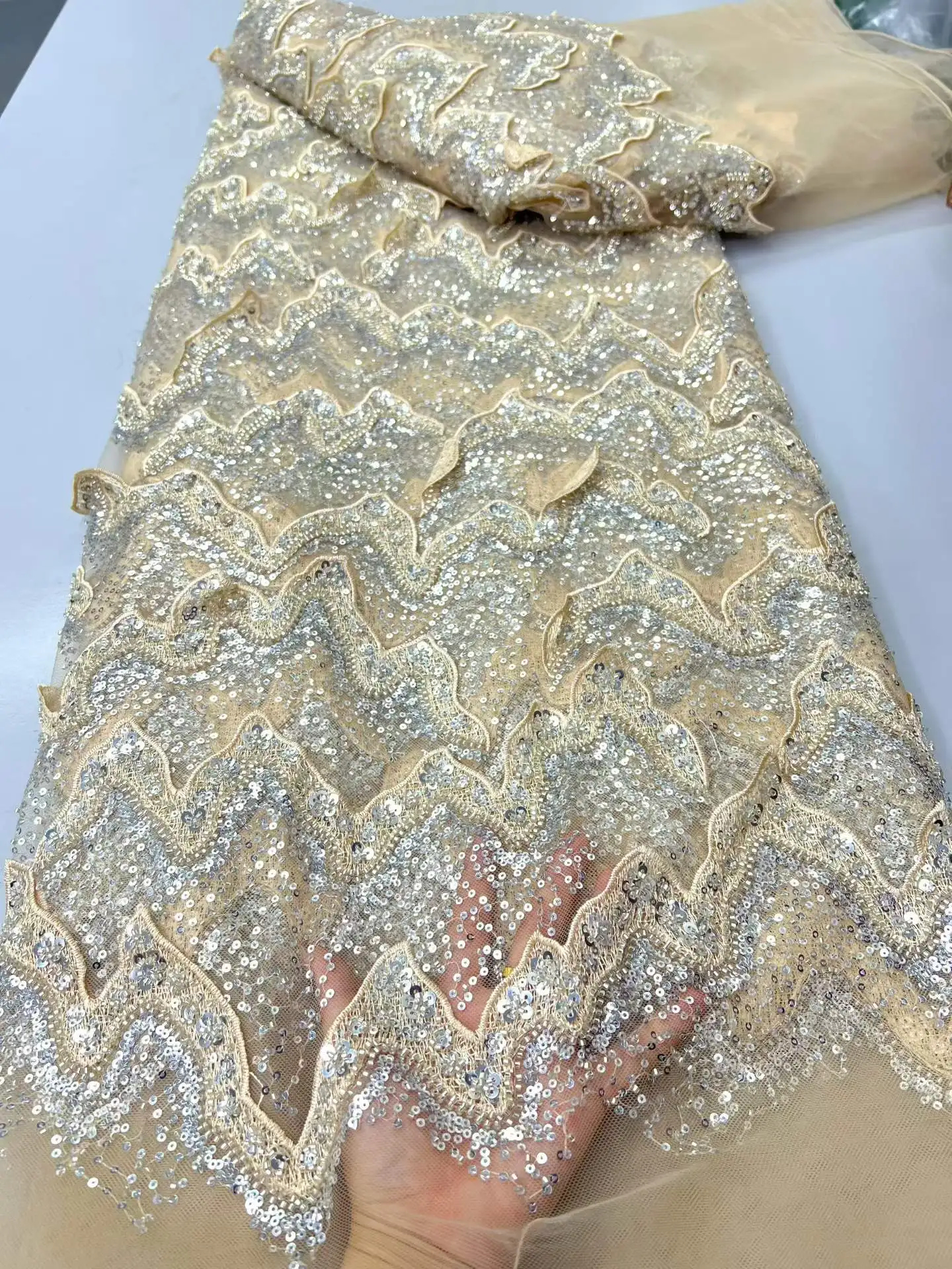 Luxury African Sequins Beaded Lace Fabric High Quality Groom Nigerian Wedding Bridal Embroidery French Tulle Sewing Materials