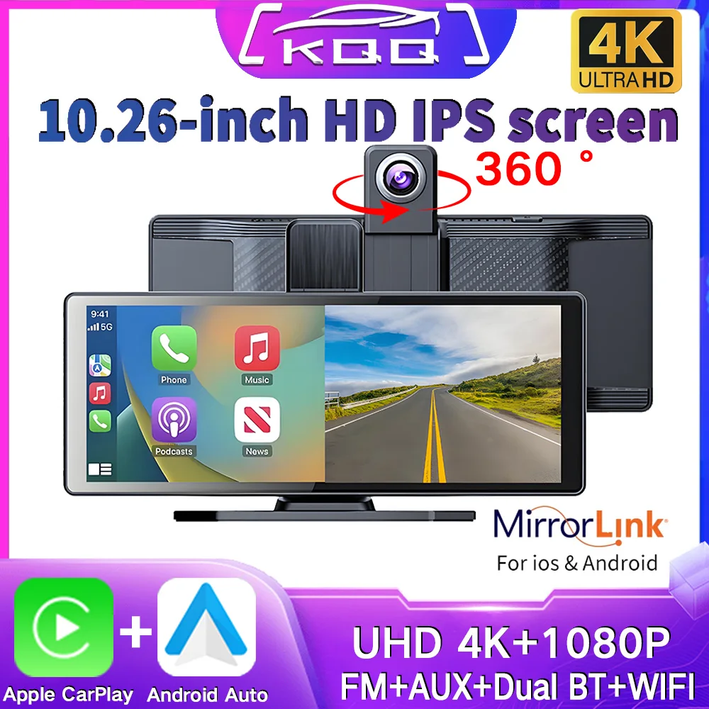 

KQQ 10.26" Car Mirror Video Recording Wireless Carplay Monitor Android Auto dashboard DVR Automotive Multimedia Player MP5