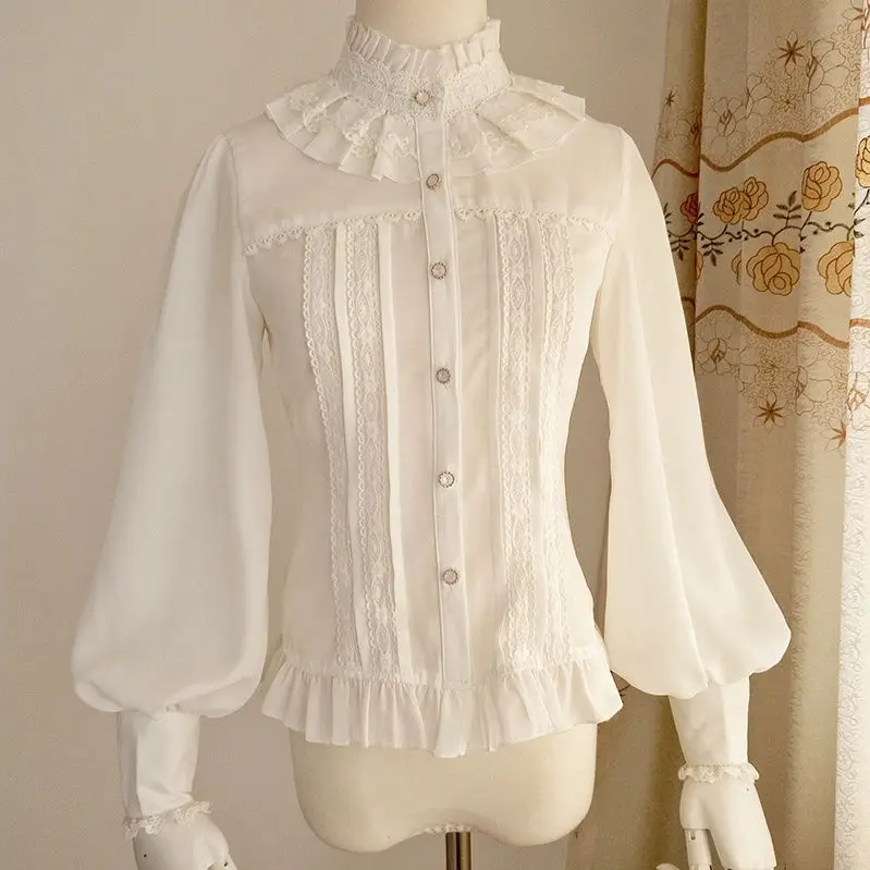 Vintage Gothic Lolita Blouse Women Stand Collar Chiffon Lace Long Sleeve Princess Shirt Elegant Ruffle Classic Matching Tops