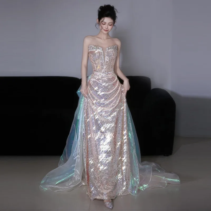 Luxo formal vestidos de festa à noite mulher sem alças lantejoulas vestido de baile com contas até o chão sereia casamento vestidos de noiva