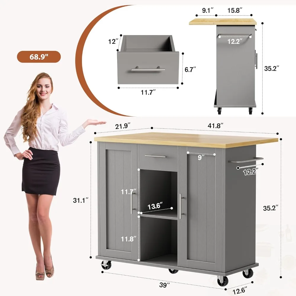 Катящийся кухонный остров с выдвижным листом, ящиками для хранения и вешалкой для полотенец для гибкого использования