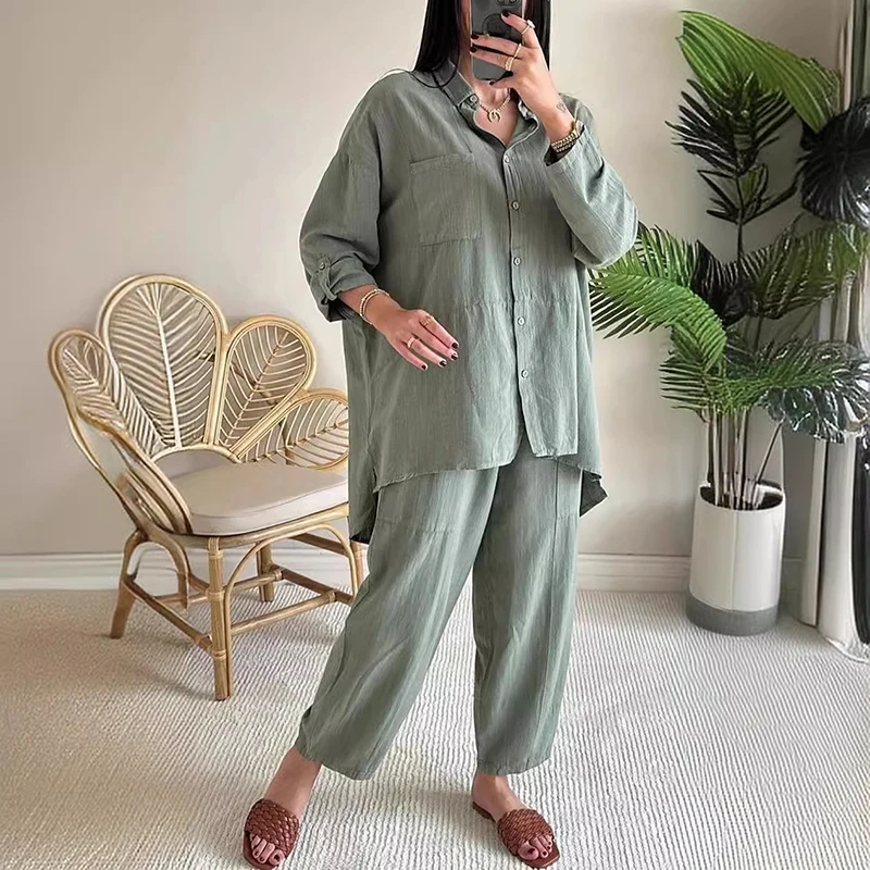 Casual Solid Cotton Linen Women 2 Piece Set Outfit Spring Single Breasted Lapel Shirt Pants Fall Adjusted Long Sleeve Loose Suit