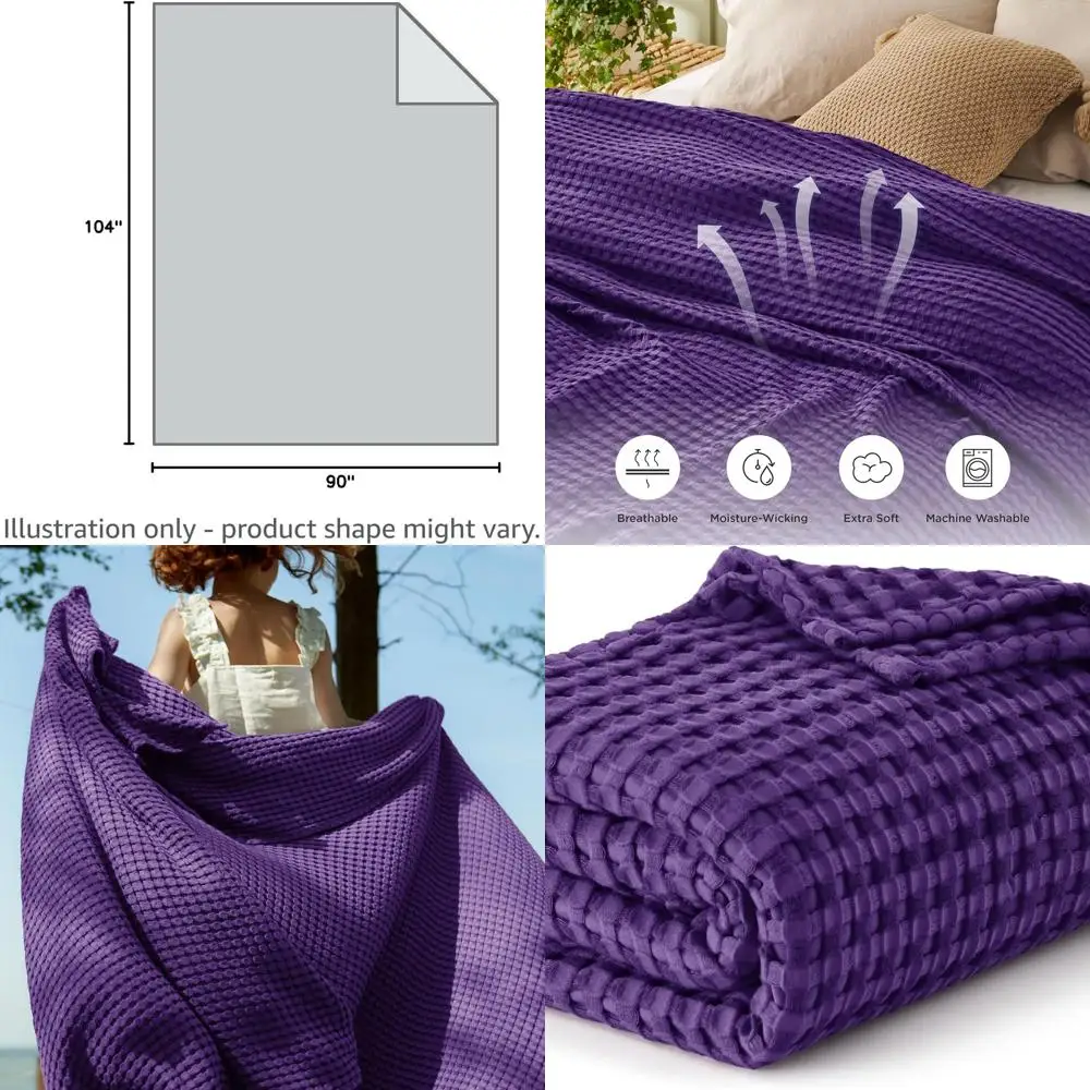 

King Size Waffle Weave Blanket - Lightweight Bamboo Rayon, Breathable for Hot Sleeps, Ideal for Bed, Couch, Purple, 104x90