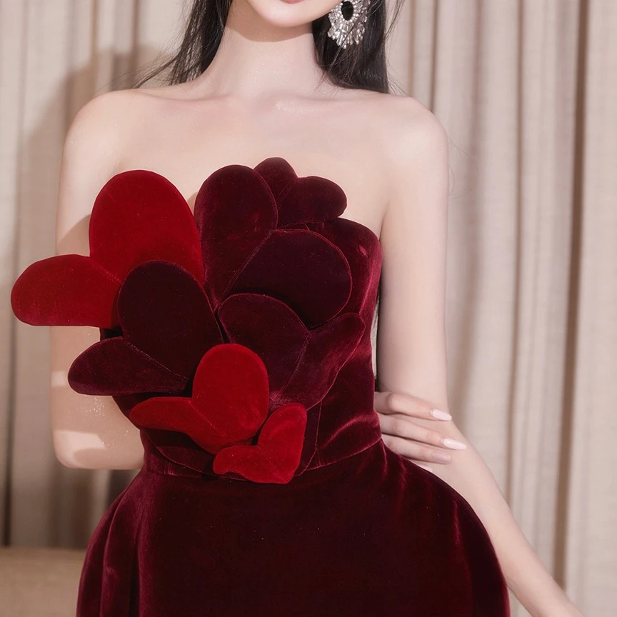 فستان أحمر مخملي للنساء مع رقبة فلورا مائل صيفي أنيق للحفلات المسائية فساتين ضيقة عالية الخصر للسيدات #4