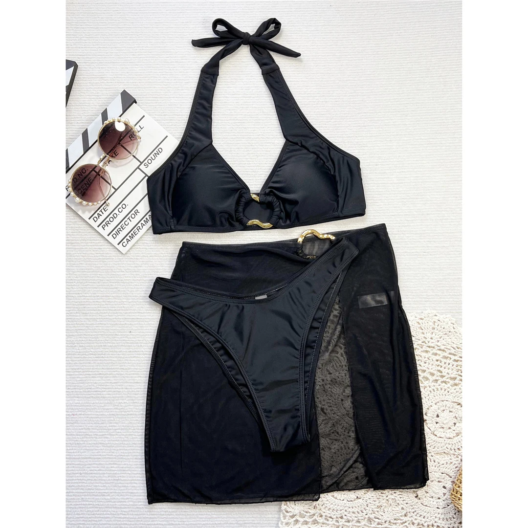Damen-Badeanzug mit Rock, Neckholder-Bikini, dreiteiliges Bikini-Set, brasilianischer Badeanzug mit Polsterung, Badebekleidung, Badeanzug V6368 – Detail 12