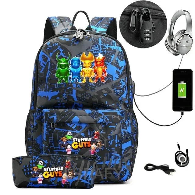 STUMBLE GUYS Anime College School Bags Boys Girls USB Charging School Bag STUMBLE GUYS Schoolbag 2 pcs sets