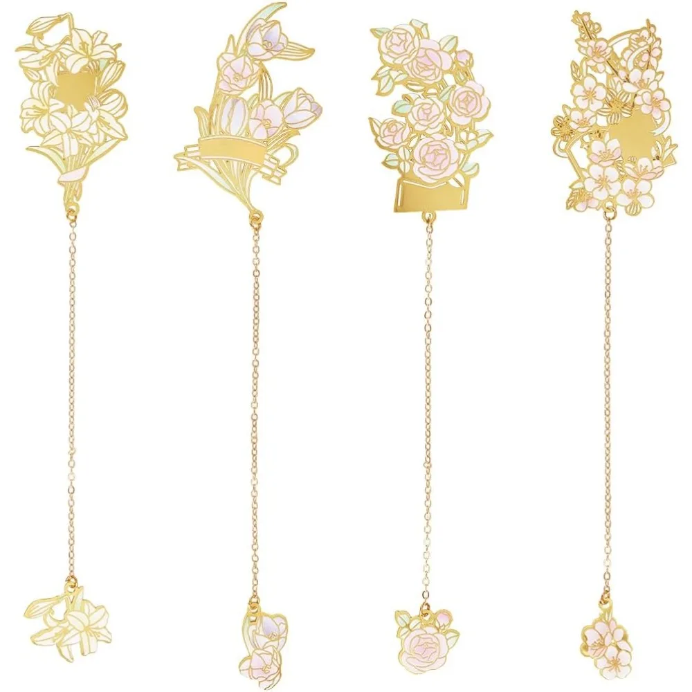 

4Pcs 4 Style Flower Chain Bookmark Flower Book Marks Bulk Brass Spring Butterflies Daisy Flowers Book Marker