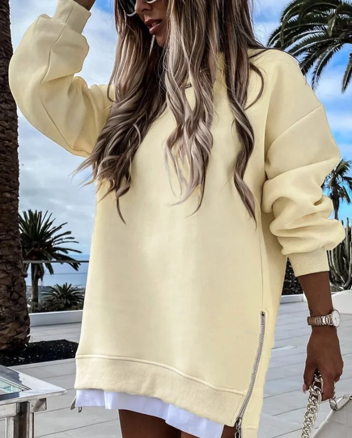 

Womens Dress Autumn Winter Fashion Daily Casual Solid Color Round Neck Long Sleeve Zipper Design Oversized Mini Sweatshirt Dress