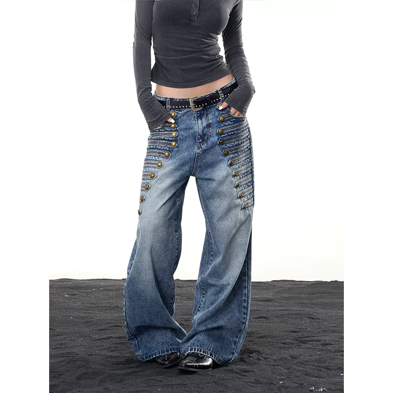 Women Blue Gothic Y2k Baggy Jeans Harajuku Vintage Cargo Denim Trousers American 2000s Style Oversize Jeans Pants Autumn Winter
