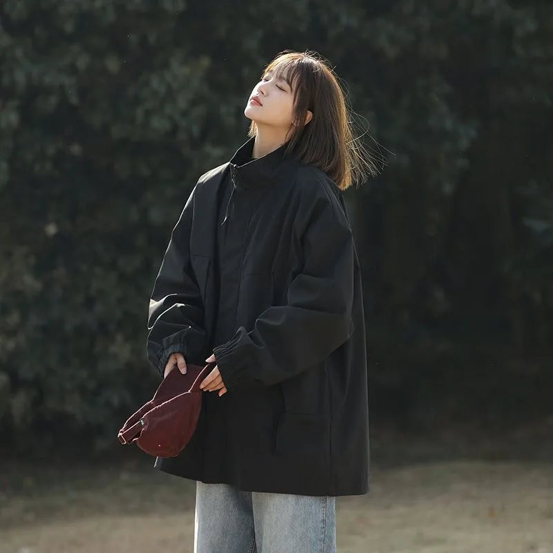 Women Spring American Style Stand Collar Jacket Loose Casual Windproof Oversized Outerwear